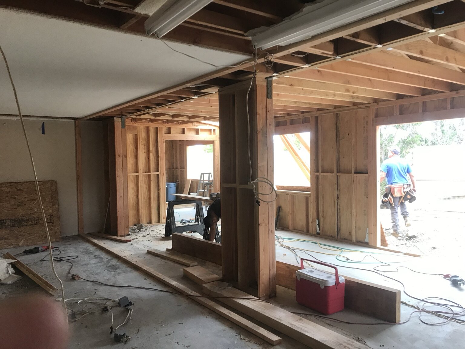 Interior wall and roof framing during a major home addition