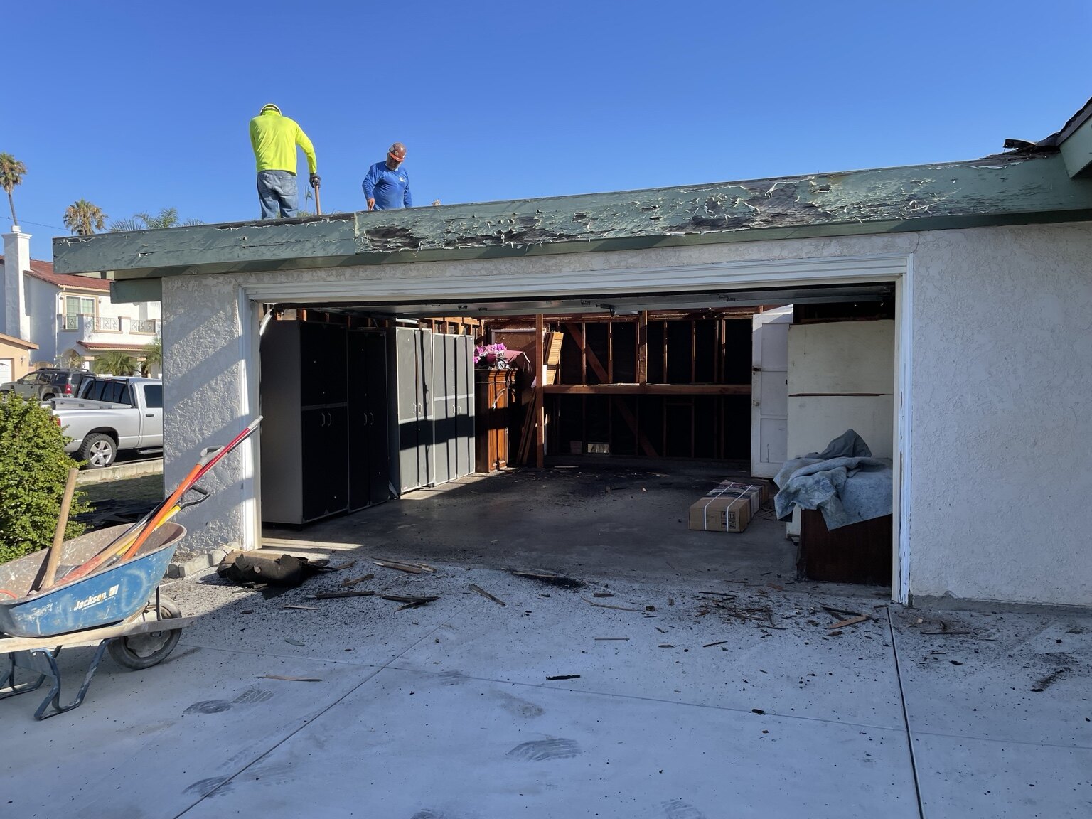 Existing garage opened for conversion into an accessory dwelling unit